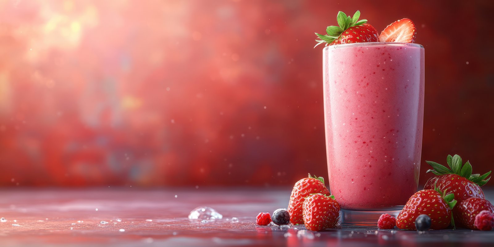 Refreshing strawberry smoothie in a glass with fresh berries on a colorful background